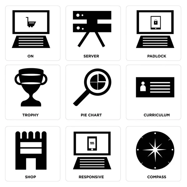 Állítsa Egyszerű Szerkeszthető Ikonok Iránytű Fogékony Bolt Tanterv Kördiagram Trófea — Stock Vector