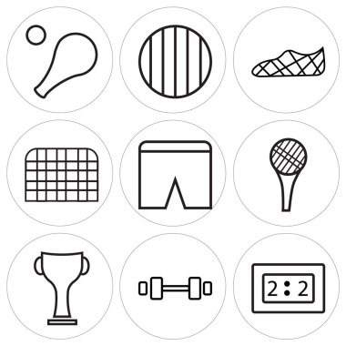9 set basit düzenlenebilir simgeler gibi zaman, halter, kazanan ödül, hokey, gömlek, hapis, ayakkabıları, futbol topu, tenis, mobil, web kullanıcı arabirimi için kullanılabilir