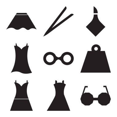 9 set basit düzenlenebilir simgeler gibi gözlük, seksi kadın elbise, uzun elbise, kadın siyah çanta, okuma gözlük, Vintage elbise, şişe, kaş, String bikini, mobil, web için kullanılabilir