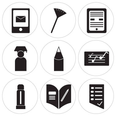 Sınav, ödev, tutkal sopa, klasör, kalem, mezun, Ebook, 9 basit düzenlenebilir simgelerin ayarlamak Pom pom, tebeşir, mobil, web kullanıcı arabirimi için kullanılabilir
