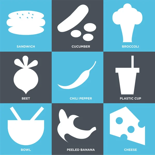 集9个简单的可编辑图标 如奶酪 去皮香蕉 塑料杯 花椰菜 三明治 可用于移动 网页用户界面 — 图库矢量图片