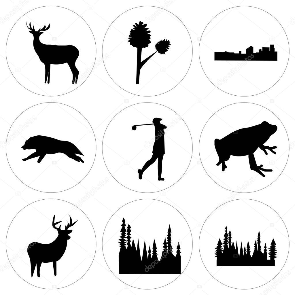 Set Of 9 simple editable icons such as black tree, black tree, black whitetail buck, black frog, black female golfer, black wolf running, black new orleans, pinecone, black bull elk, can be used for