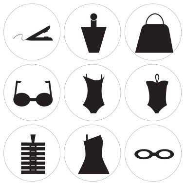 Gözlük, elbise, ZIP, Bikini, kedi gözleri 9 basit düzenlenebilir simgelerin ayarlamak Bikini tek parça mayo, gözlük camı, Bayan çanta, Parfum şişe, saç demir, mobil, web kullanıcı arabirimi için kullanılabilir
