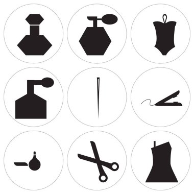 Elbise, makas, Parfum gibi 9 basit düzenlenebilir simgelerin ayarlamak, saç demir, iğne, Çeşme kavanoz, Bikini, parfüm, parfüm şişesi, şişe mobil, web kullanıcı arabirimi için kullanılabilir