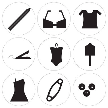Makyaj, PIN, elbise gibi 9 basit düzenlenebilir simgelerin ayarlamak, Couture mankeni, Bikini, saç demir, Polo Gömlek kadınlar, çocukça gözlük, göz makyaj kalemleri, mobil, web kullanıcı arabirimi için kullanılabilir