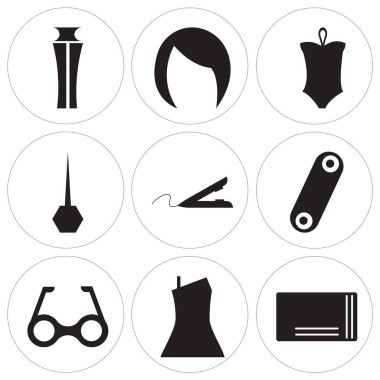 9 set cep gibi basit düzenlenebilir simgeleri şekil, elbise, dikdörtgen gözlük, Curling saç, saç demir, sıvı göz, Bikini, omuz uzunluk, parfüm şişesi, mobil, web kullanıcı arabirimi için kullanılabilir