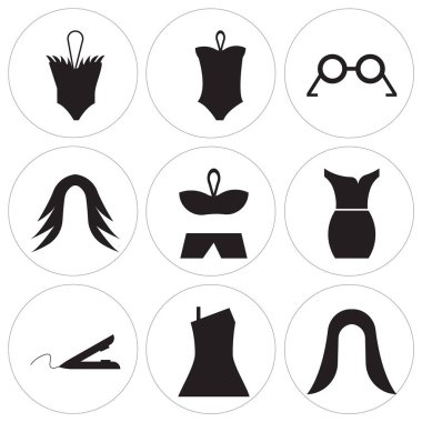 9 set kadın siyah saçlı, elbise, saç gibi basit düzenlenebilir simgeleri demir, elbise, Bikini şekli, saç peruk, Gözlük, Bikini, Bayan mayo,-ebilmek var olmak kullanılmış için mobil, web kullanıcı arabirimi