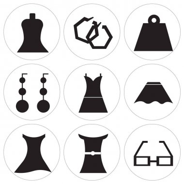 9 set gözlük şekli, kadın uzun siyah elbise, kadın elbise, String bikini, uzun elbise, sarkan küpe, kadın siyah çanta, yuvarlak küpe, kadınsı moda, gibi basit düzenlenebilir simgeleri olabilir