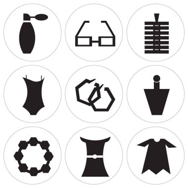 9 set basit düzenlenebilir simgeler gibi uzun elbise, kadın uzun siyah elbise, kolye, küpe, yuvarlak Parfum şişe Bikini tek parça mayo, ZIP, gözlük şekli, parfüm,-ebilmek var olmak kullanılmış için mobil,
