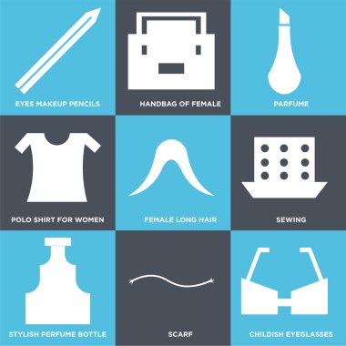 Çocukça gözlük, eşarp, gibi 9 basit düzenlenebilir simgelerin ayarlamak şık parfüm şişe, dikiş, erkek uzun saç, Polo Gömlek kadınlar, parfüm, kadın, gözler makyaj kalemler, çanta-ebilmek var olmak kullanılmış için