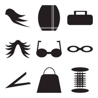 9 set basit düzenlenebilir simgeler gibi silindirik lamba, Bayan çanta, saç klip Aracı, kedi gözler gözlük, gözlük camı, uzun saçlı, Bayan cüzdan, Bayan etek yarık ve kemer, siyah saç