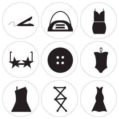 9 set basit düzenlenebilir simgeler böyle uzun siyah elbise, giyim dikiş, Giysi, Bikini, giyim, kalp şeklinde gözlük, kadın seksi elbise, çanta zarif de, saç demir,-ebilmek var olmak kullanılmış için mobil,