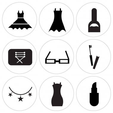 9 set basit düzenlenebilir simgeler gibi ruj, omuz çantası, kalp şeklinde takı kolye, maskara göz makyajı, Oval şekil okuma gözlük, giyim yama ile dikiş, el boyama nails