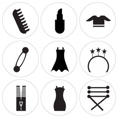 9 set basit düzenlenebilir simgeler gibi kordon bir ayakkabı, omuz çantası, fermuar Aracı, yüzük yan görünüm, kadın siyah elbise, güvenlik PIN şekli, T gömlek, ruj, saç için büyük boy klip için kullanılabilir