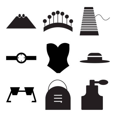 Şık ev dekorlar gibi 9 basit düzenlenebilir simgelerin ayarlamak, büyük kolu, Gözlük, dikiş yüksük, tüp mayo, oval şekilli de, iplik, Pins daire, dikdörtgen çanta, yüzükle için kullanılabilir