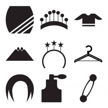 9 set basit düzenlenebilir simgeler gibi güvenlik PIN şekli, şık ev dekorlar, uzun siyah saçlı, elbise askısı, yüzük yan görünüm, dikdörtgen çanta, T gömlek, Pins daire, kadın Etek, için kullanılabilir