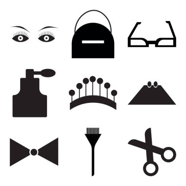 9 set basit düzenlenebilir simgeleri tarak ve saç, makas gibi yapmak kadar fırçalar, şerit kravatla beyaz ayrıntıları, dikdörtgen çanta, Pins daire, şık ev dekorlar, gözlük Vizyon Aracı, Erkek