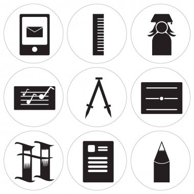 9 set basit düzenlenebilir simgeler gibi kalem, gazete, kitap, Diploma, Pusula, klasör, yüksek lisans, kare, ayarlama tebeşir, mobil, web kullanıcı arabirimi için kullanılabilir