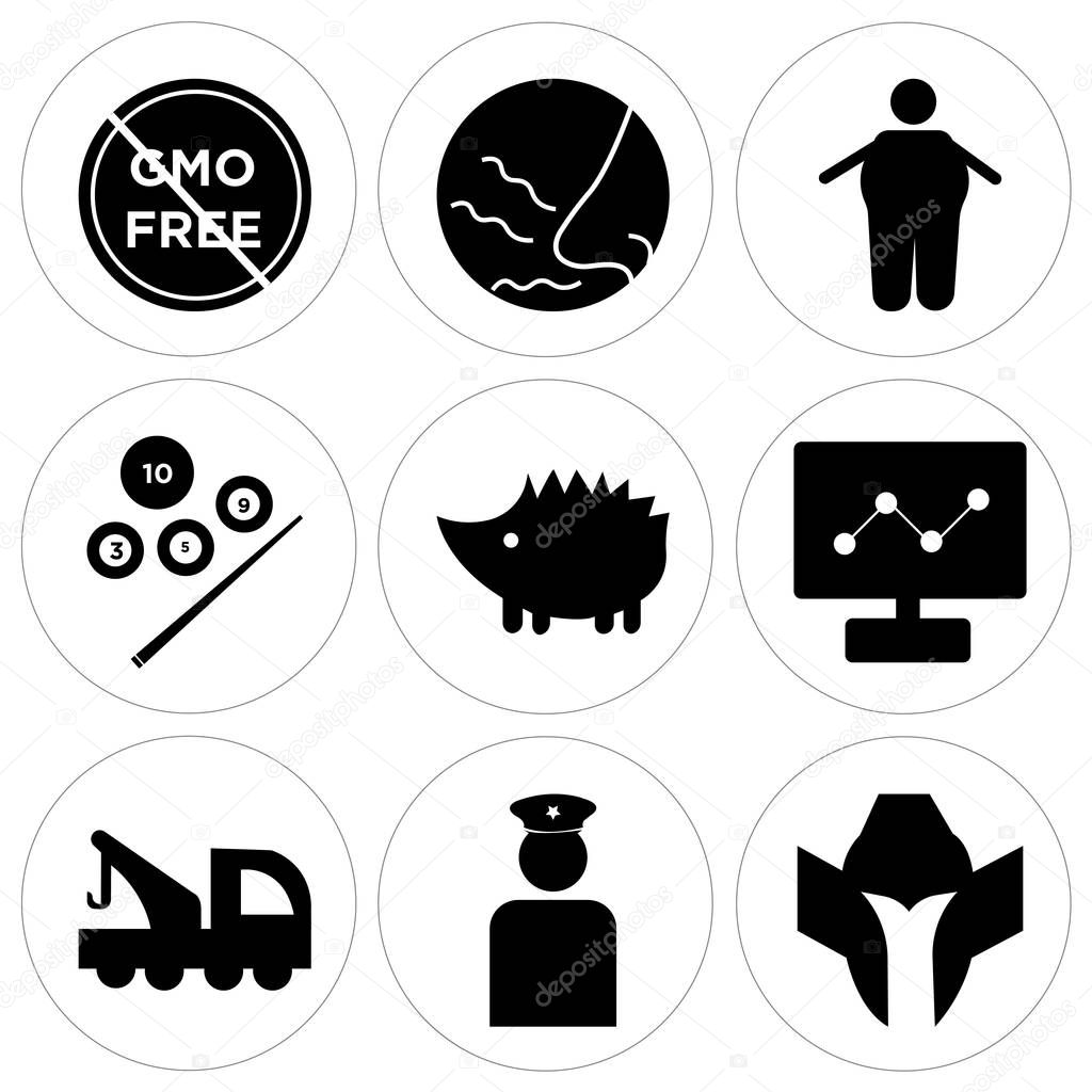 Set Of 9 simple editable icons such as spartan helmet, veteran, tow truck, dashboard images, hedgehog, snooker, obesity, odor, gmo free, can be used for mobile, web UI