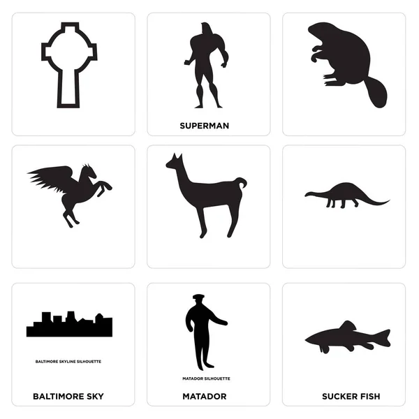 Conjunto de 9 iconos editables simples como pez lechón, matador, cielo baltimore — Vector de stock