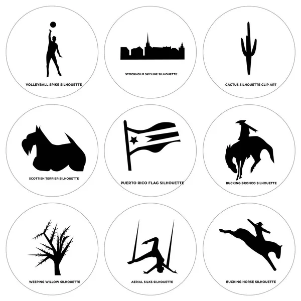 Set Of 9 simple editable icons such as bucking horse, aerial silks, weeping willow Royalty Free Stock Vectors