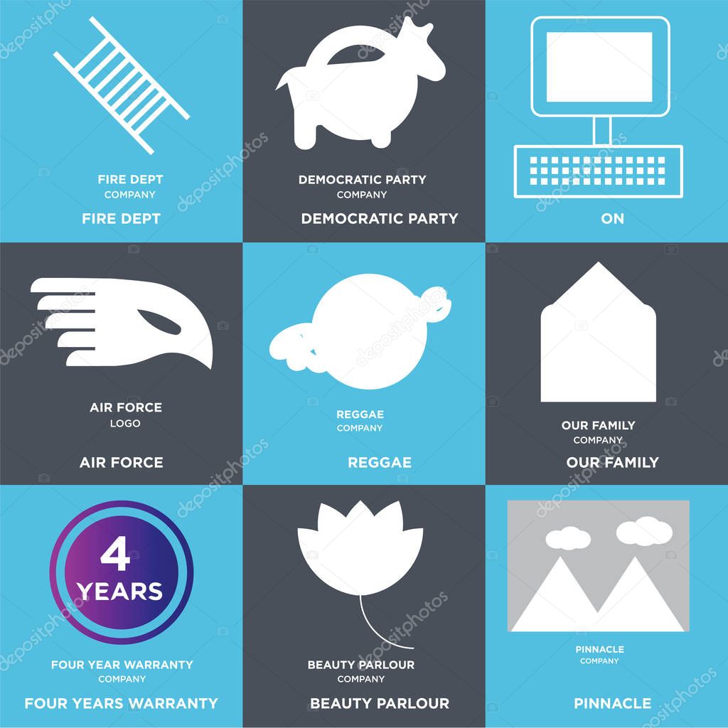 Set Of 9 simple editable icons such as pinnacle, beauty parlour, four years warranty, our family, reggae, air force, On, democratic party, fire dept, can be used for mobile, web
