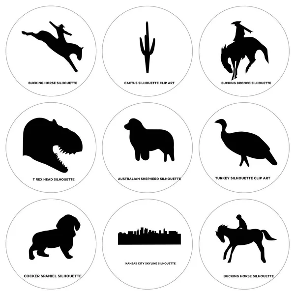 Set von 9 einfach editierbaren Symbolen wie ruckelndes Pferd, Kanas Stadthimmel, Cockerspaniel — Stockvektor