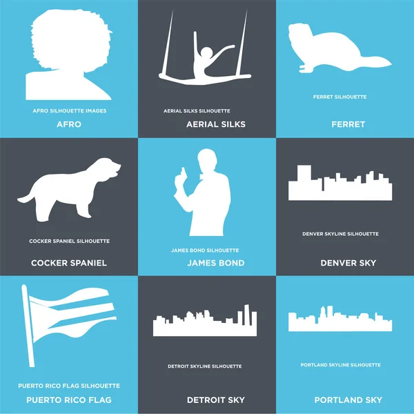 Set Of 9 ícones editáveis simples, como céu portland, céu detroit, bandeira porto rico —  Vetores de Stock