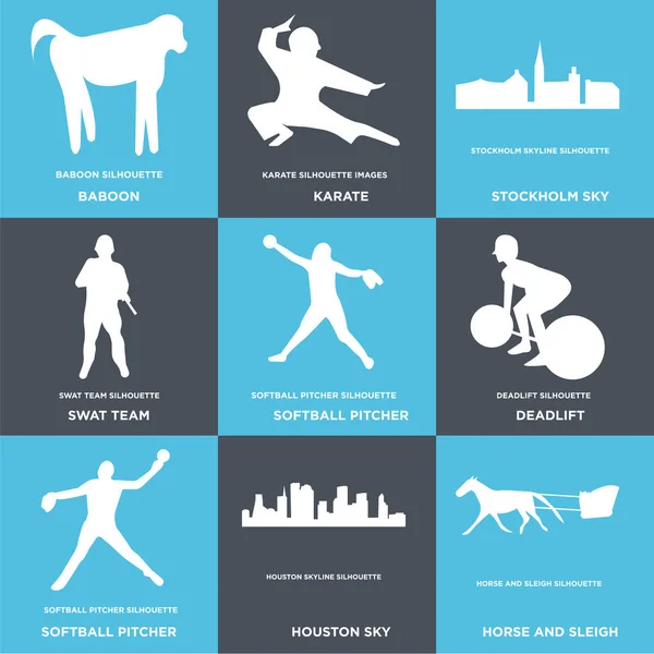 Set de 9 icônes modifiables simples telles que cheval et traîneau, houston sky, lanceur de softball — Image vectorielle