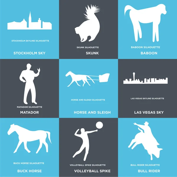 Conjunto de 9 ícones editáveis simples, tais como cavaleiro touro, pico de vôlei, buck horse —  Vetores de Stock