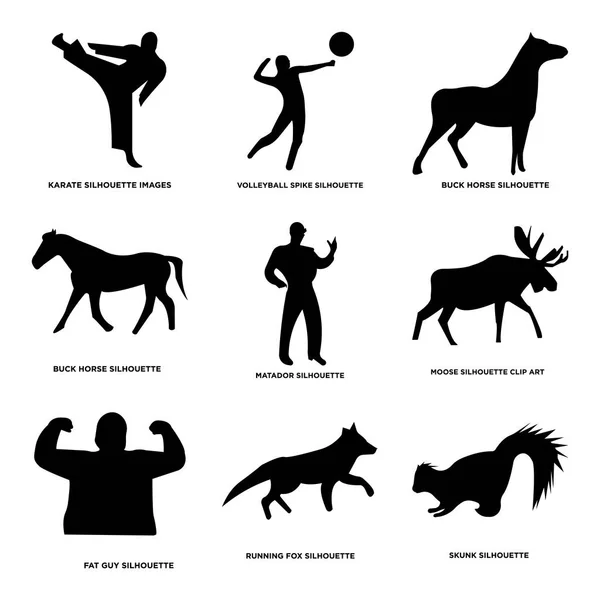 Set von 9 einfachen editierbaren Symbolen wie Stinktier, laufender Fuchs, dicker Kerl — Stockvektor