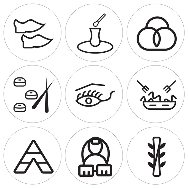 Set von 9 einfach editierbaren Symbolen wie Bambus, ägyptisch, tipi — Stockvektor