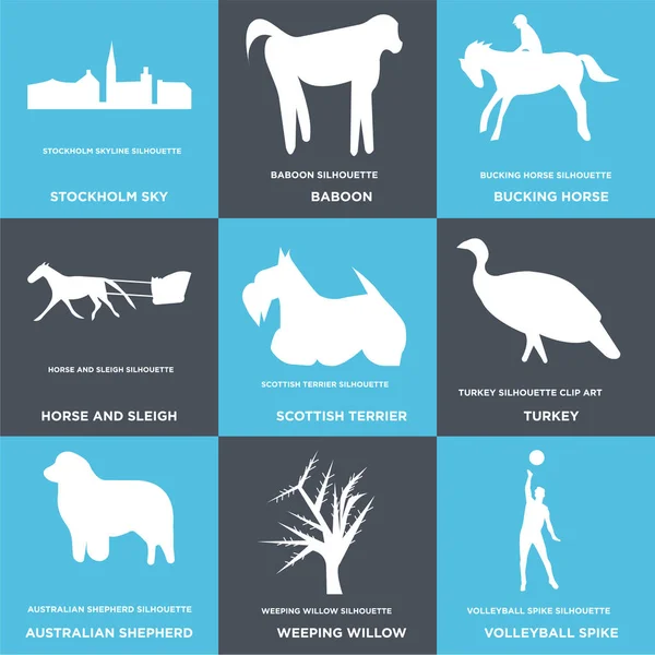 Set Of 9 simple editable icons such as volleyball spike, weeping willow, australian shepherd Stock Illustration
