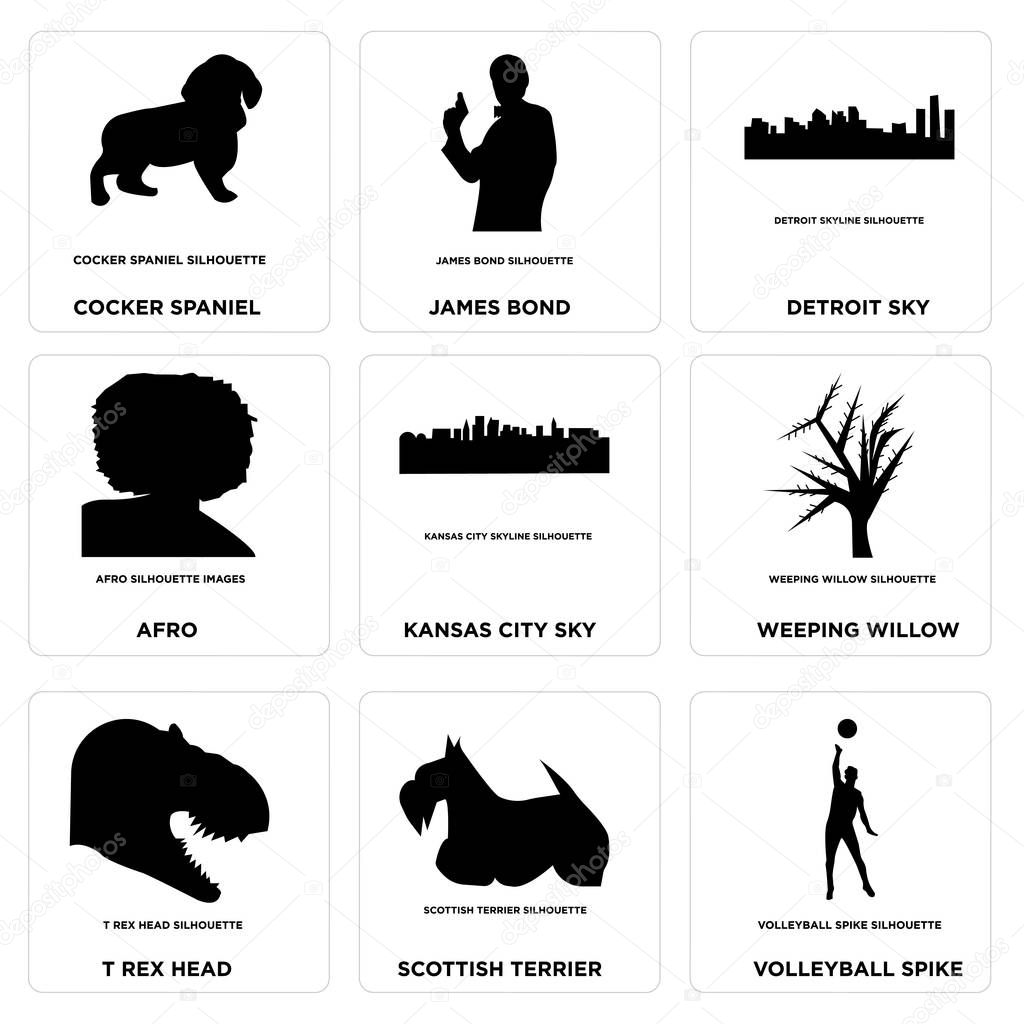 Set Of 9 simple editable icons such as volleyball spike, scottish terrier, t rex head