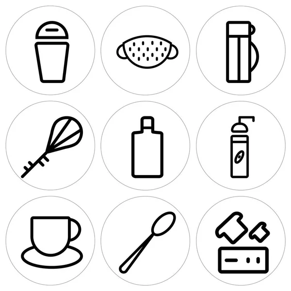 Conjunto de 9 iconos editables simples como tostadora, cucharón, taza de té — Archivo Imágenes Vectoriales