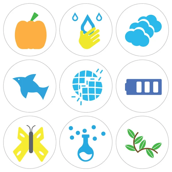 Conjunto de 9 iconos editables simples como planta con dos hojas, equipo de química, mariposa grande — Vector de stock