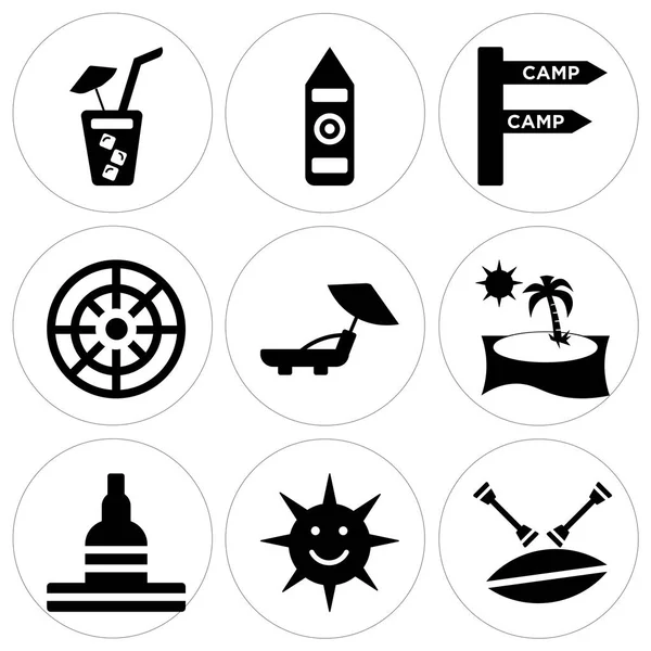 Set Of 9 simple editable icons such as Canoe, Smiling Sun, Great buddha of thailand — Stock Vector