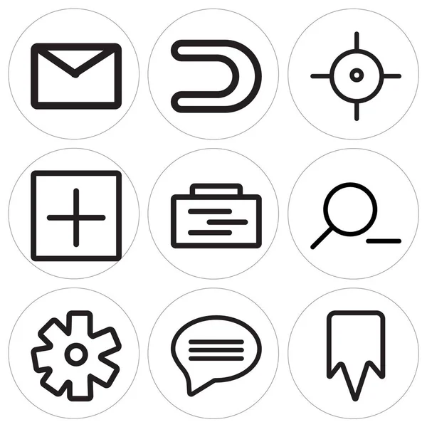 Ange i 9 enkla redigerbara ikoner som bokmärke, pratbubbla, inställningar — Stock vektor