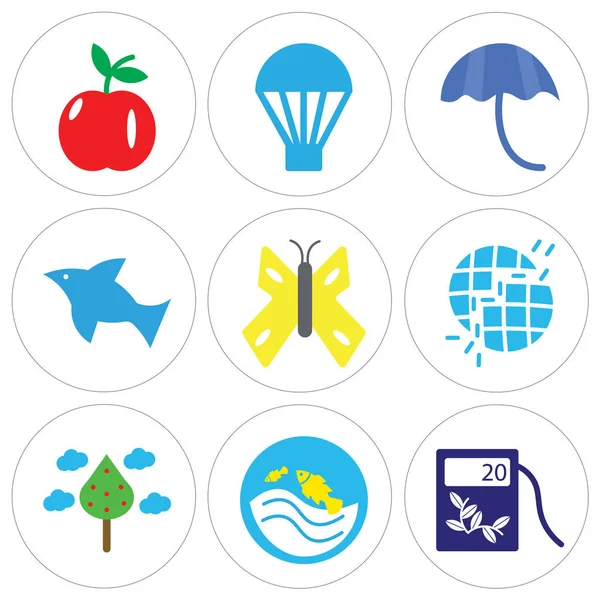 Conjunto de 9 iconos editables simples como combustible ecológico, estanque, dos árboles y nube — Vector de stock