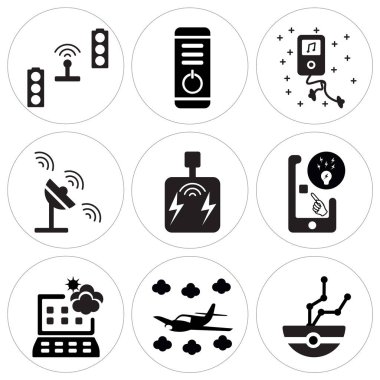 9 set güvenlik kamera, uçak, hava durumu gibi basit düzenlenebilir simgeleri