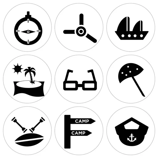 Conjunto de 9 ícones editáveis simples, como Boat Captain Hat, Camp, Canoa — Vetor de Stock