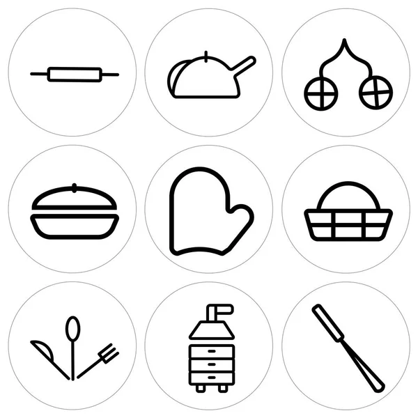 Conjunto de 9 ícones editáveis simples, como descascador, extrator capa, talheres — Vetor de Stock