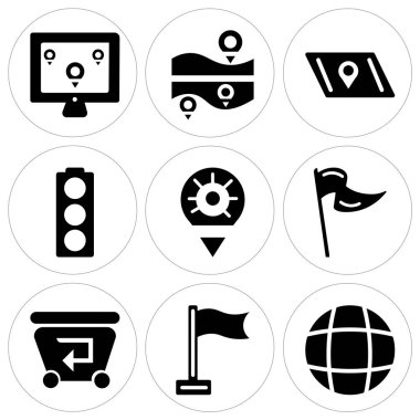 9 set Globe, bayrak, geri dönüşüm kutusu gibi basit düzenlenebilir simgeleri