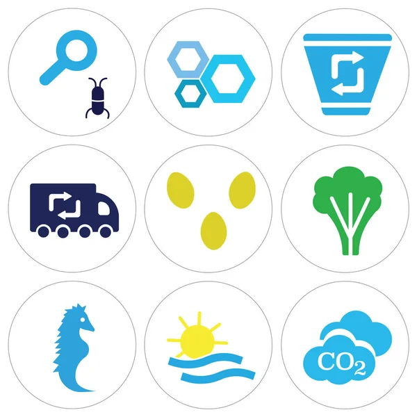 Conjunto de 9 iconos editables simples como la nube de CO2, Mar y Sol, Caballo de mar — Vector de stock