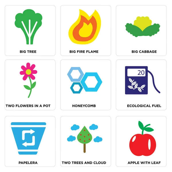 Conjunto de 9 iconos editables simples como Apple con hoja, Dos árboles y nube, Papelera — Vector de stock