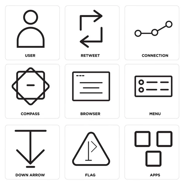 Ensemble de 9 icônes modifiables simples telles que les applications, drapeau, flèche vers le bas — Image vectorielle