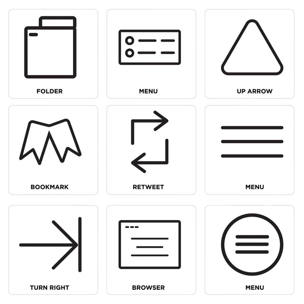 Ensemble de 9 icônes modifiables simples telles que Menu, Navigateur, Tourner à droite — Image vectorielle