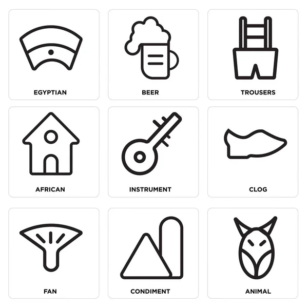 Set mit 9 einfach editierbaren Symbolen wie Tier, Gewürz, Fächer — Stockvektor