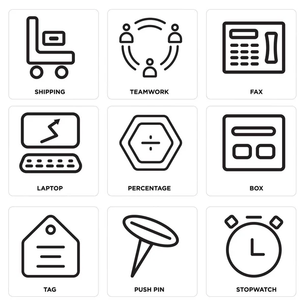Conjunto de 9 iconos editables simples como cronómetro, Pin de empuje, Tag — Archivo Imágenes Vectoriales