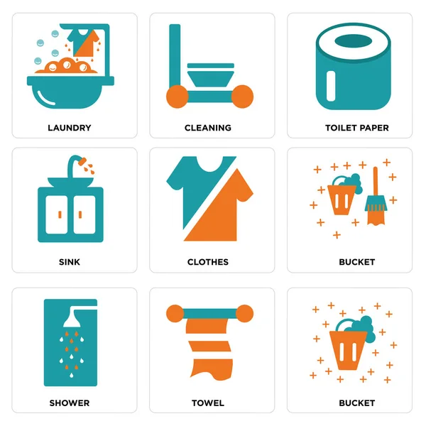Conjunto de 9 iconos editables simples como cubo, toalla, ducha — Vector de stock